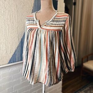 Knox Rose Striped Peasant Blouse in Cream, Rust, Navy & Teal